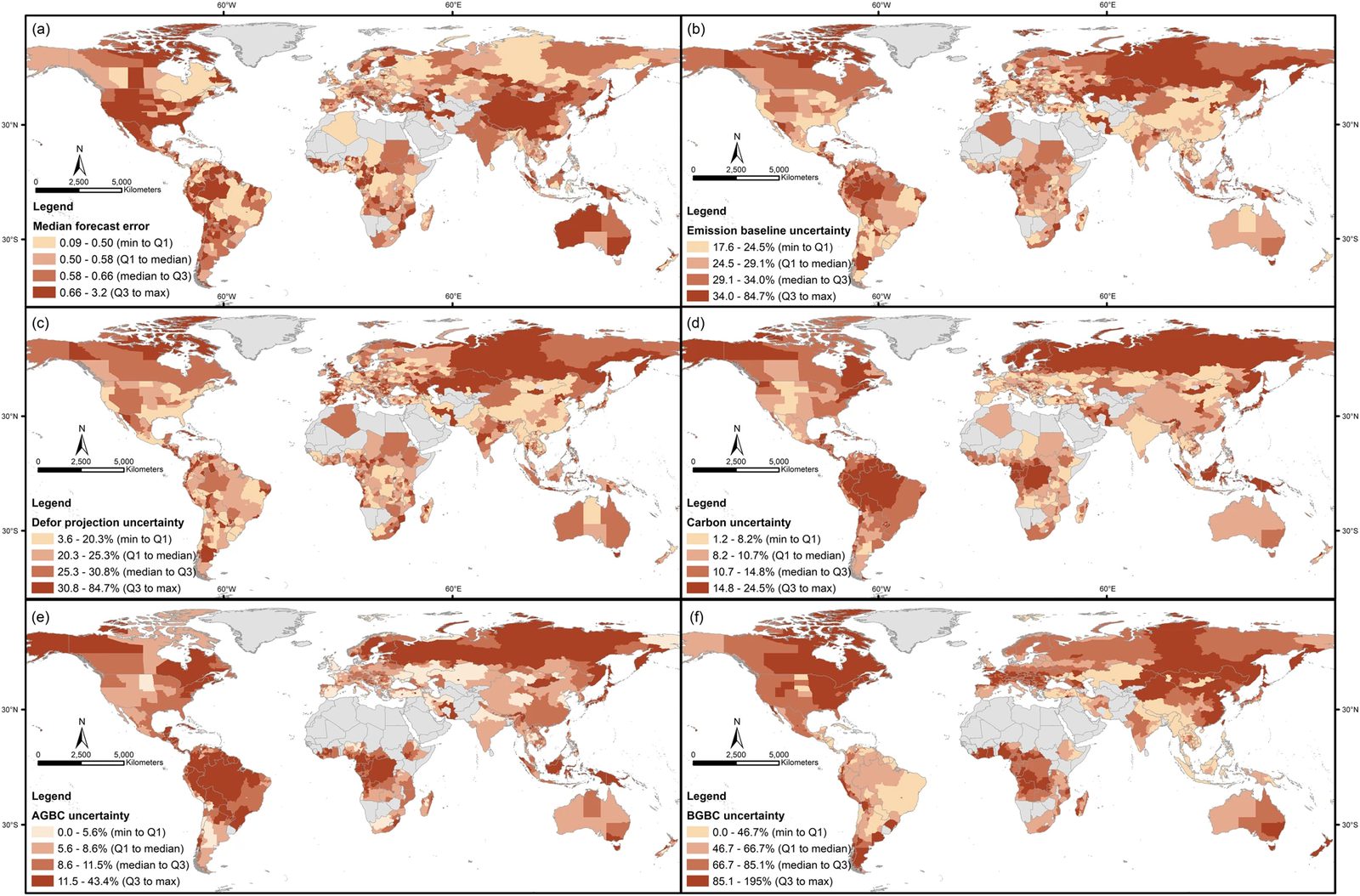 Six world maps from the paper, mapping emission baseline uncertainty